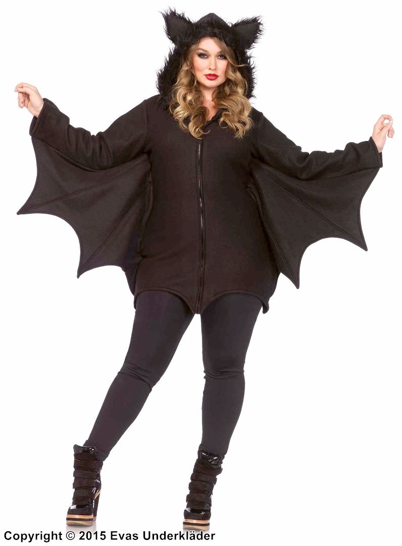 Bat, costume dress, hood, front zipper, wings, ears, XL to 4XL